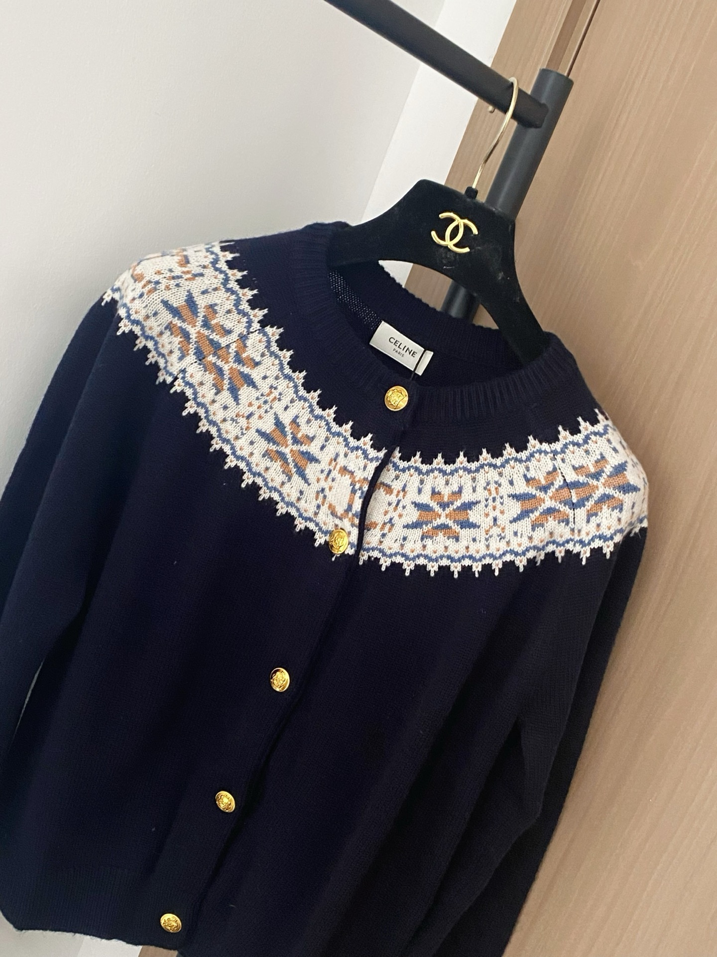 Celine Navy Cardigan with Patterned Yoke and Gold Buttons - Women's Size 36 4 i1756530888326 1734 0 2