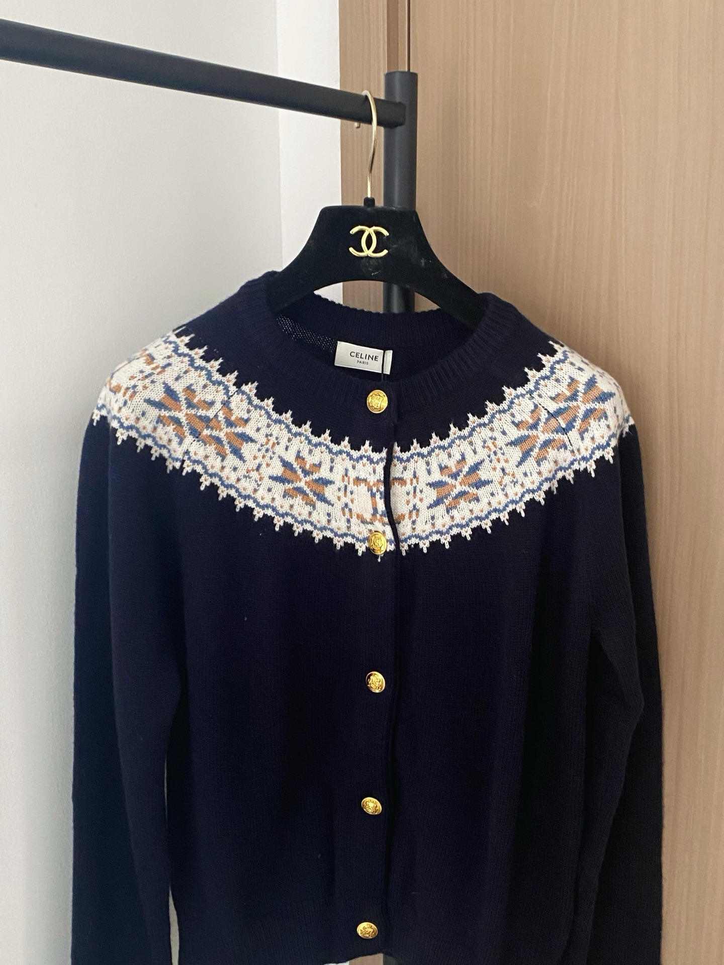 Celine Navy Cardigan with Patterned Yoke and Gold Buttons - Women's Size 36 3 i1756530890522 563 0 1
