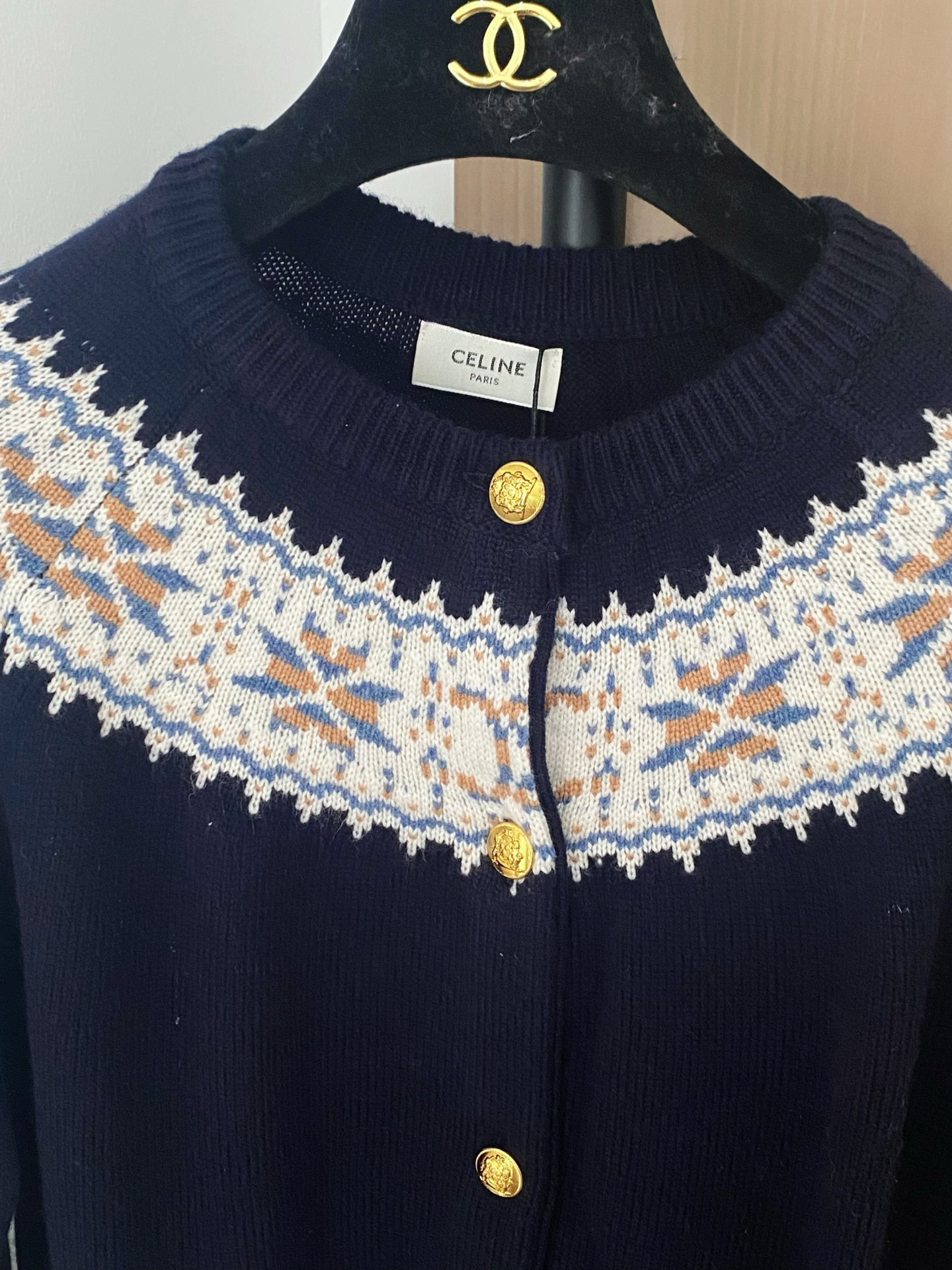 Celine Navy Cardigan with Patterned Yoke and Gold Buttons - Women's Size 36 5 i1756530890522 6113 0 3