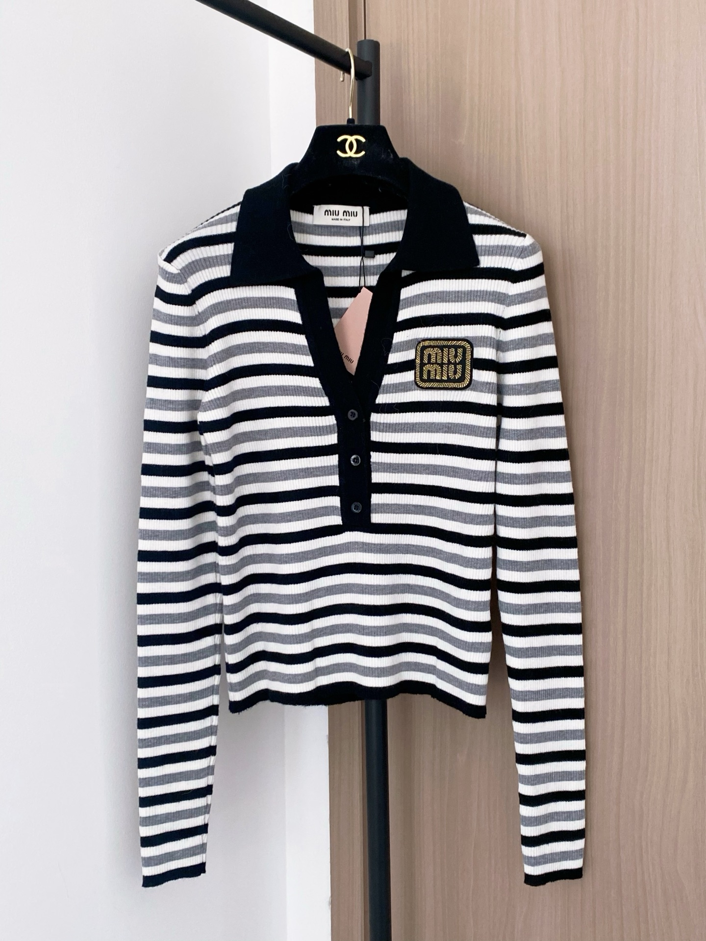 Miu Miu Striped Knit Top with Logo Patch Long Sleeve Slim Fit