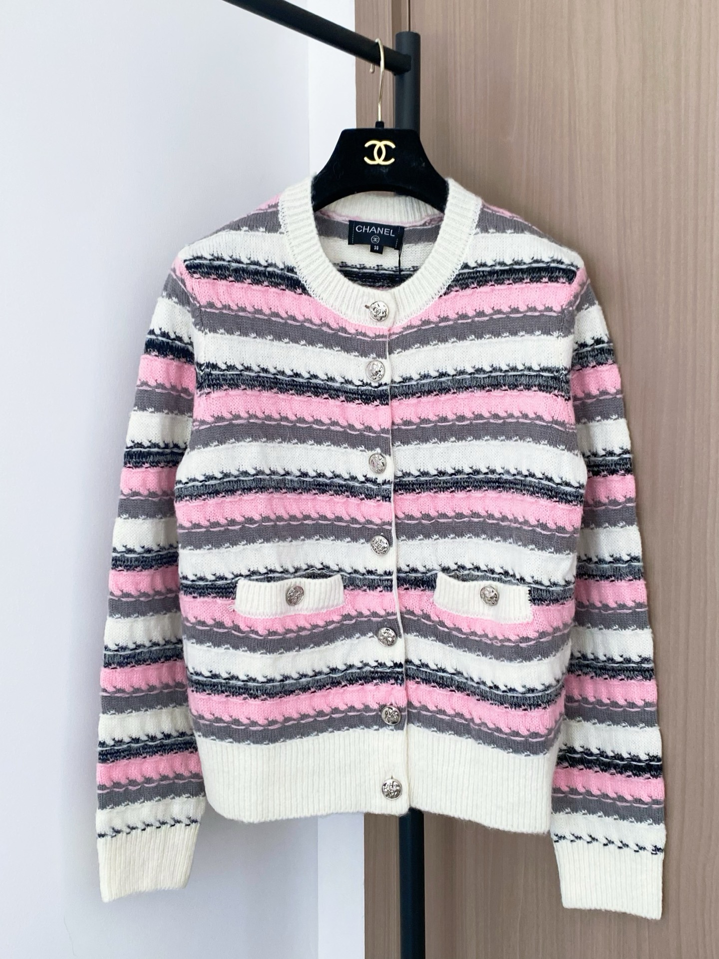 Chanel Women's Striped Cardigan with Logo Button Details - New Arrival
