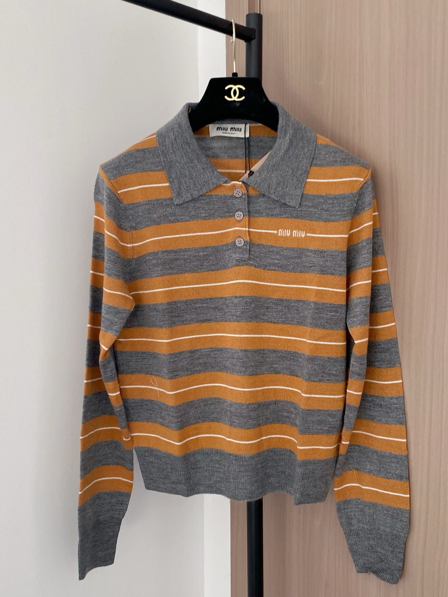 Miu Miu Striped Long Sleeve Polo Shirt With Logo Detail - Slim Fit