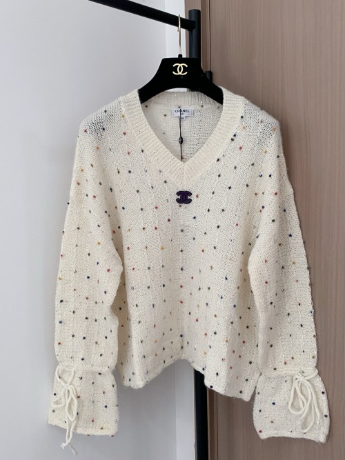 Chanel Women's Long Sleeve V-Neck Sweater with Logo Pattern - Elegant Style 17 Chanel Women's Long Sleeve V-Neck Sweater with Logo Pattern - Elegant Style