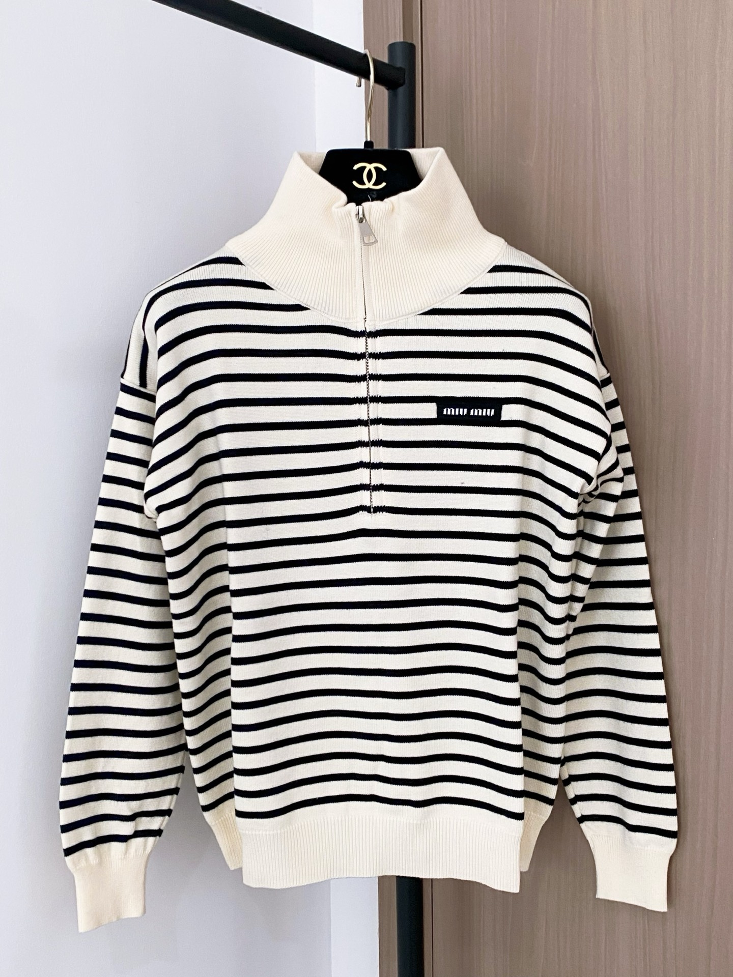 Miu Miu Striped Long-Sleeve Top with Half-Zip and Logo Patch Detail