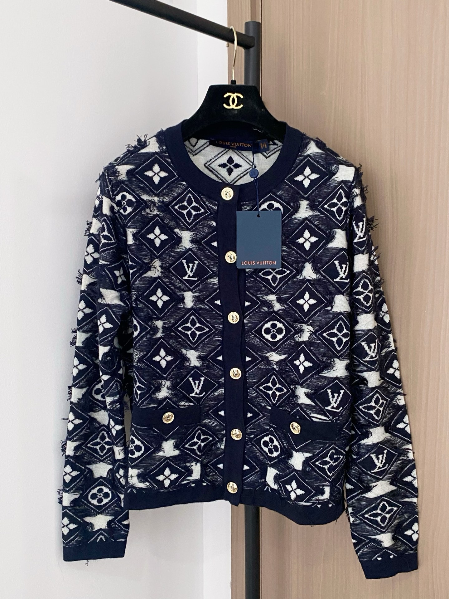 Louis Vuitton Women's Navy Blue Cardigan with Monogram Pattern - Size 36/38/40