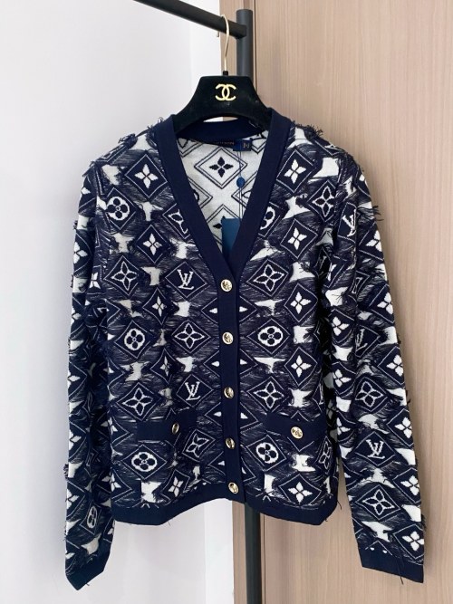 Louis Vuitton Women's Navy Blue Monogram V-Neck Cardigan, Slim Fit 1 Louis Vuitton Women's Navy Blue Monogram V-Neck Cardigan, Slim Fit