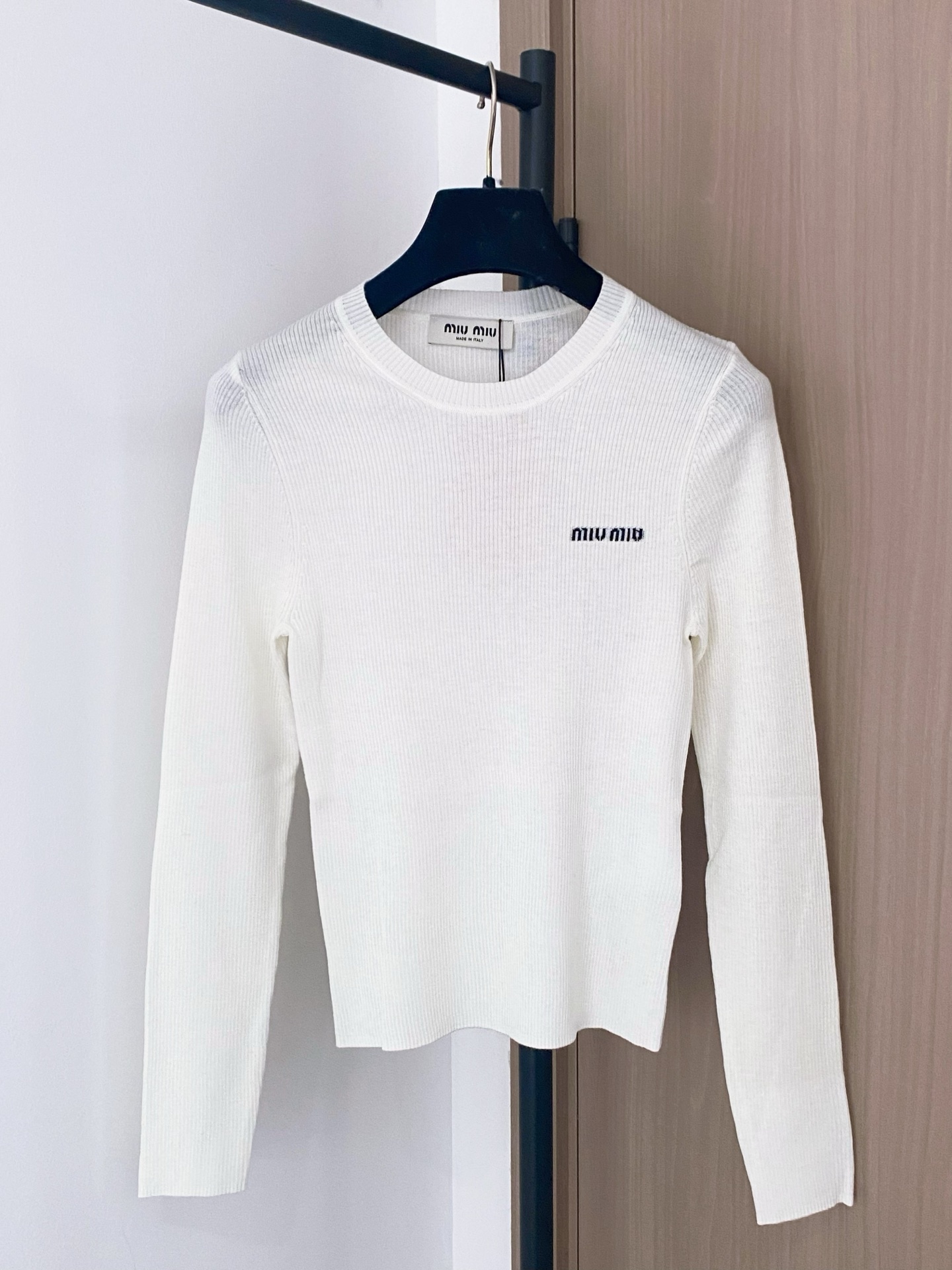 Miu Miu Women's Long Sleeve Top Ribbed Knit Logo Embellished Slim Fit