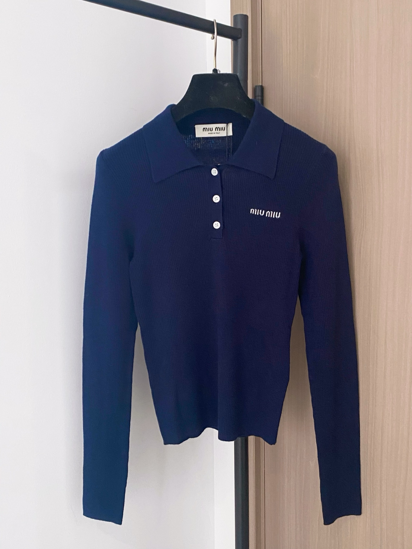 Miu Miu Women's Navy Blue Ribbed Knit Long Sleeve Polo Shirt with Logo