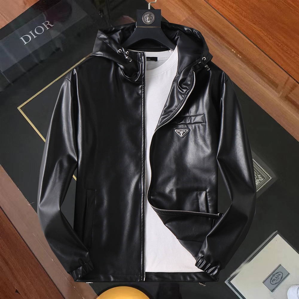 P320 Sitio web oficial de Prada ¡mismo estilo! 2026 nuevas chaquetas de cuero para hombres de primavera y otoño, ¡versi…