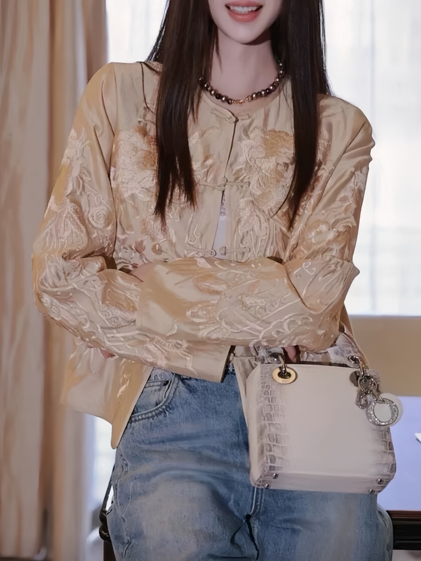 Elegant Embroidered Button-Down Blouse, Chinese Style Silk Cardigan, Apricot