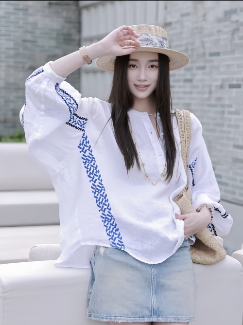 Elegant Embroidered Linen Top: Lantern Sleeves & Blue Accents, Relaxed Fit 1 Elegant Embroidered Linen Top: Lantern Sleeves & Blue Accents, Relaxed Fit