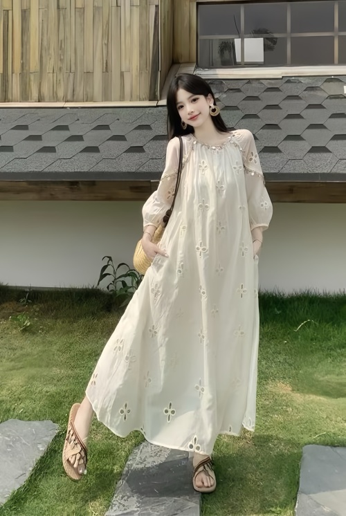 Elegant Embroidered Hollow Tencel Dress with Belt - French Style 1 Elegant Embroidered Hollow Tencel Dress with Belt - French Style