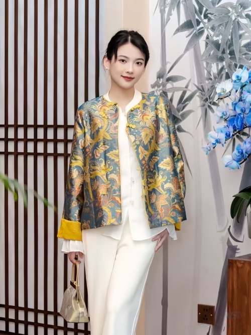 Elegant Brocade Jacket with Traditional Chinese Knot Buttons - S, M, L, XL 1 Elegant Brocade Jacket with Traditional Chinese Knot Buttons - S, M, L, XL