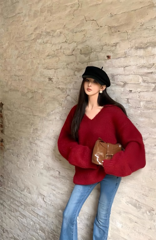 Elegant Women's V-Neck Lantern Sleeve Sweater Soft Knit Pullover Top 2 Elegant Women's V-Neck Lantern Sleeve Sweater Soft Knit Pullover Top