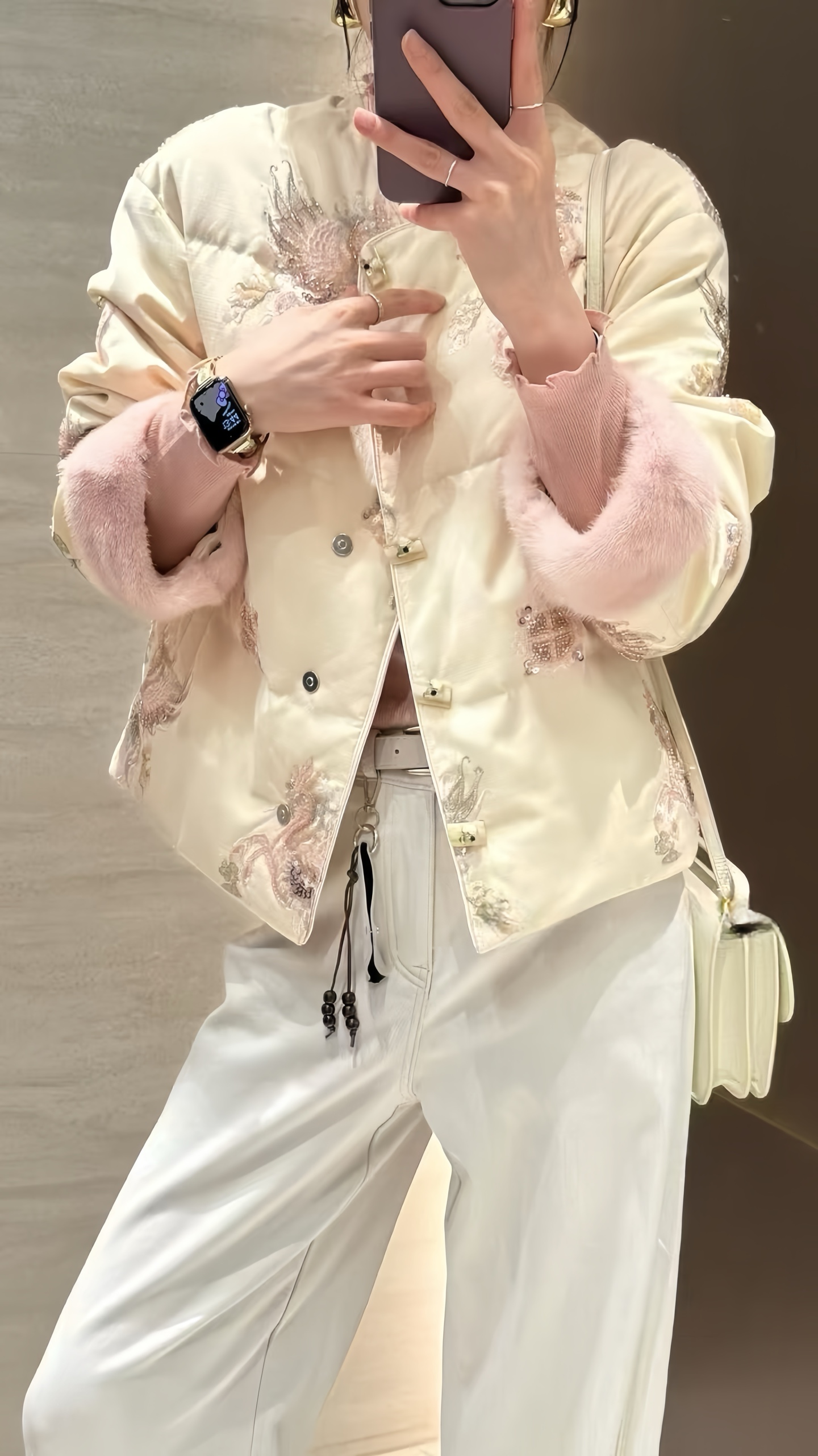 Elegant Embroidered Down Jacket with Fur Cuffs - Chic & Stylish Outerwear