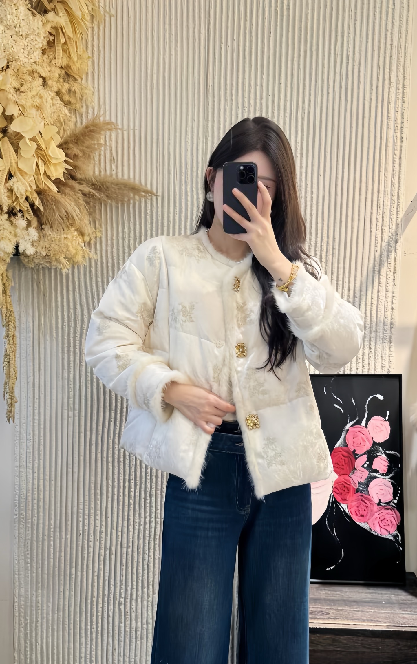 Elegant Embroidered Down Jacket with Plush Trim and Gold Button Accents