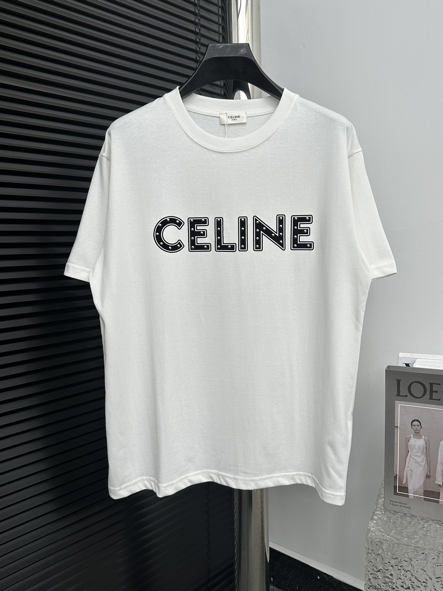 Celine Ropa Camiseta Negro Blanco Bordado Algodón Manga corta