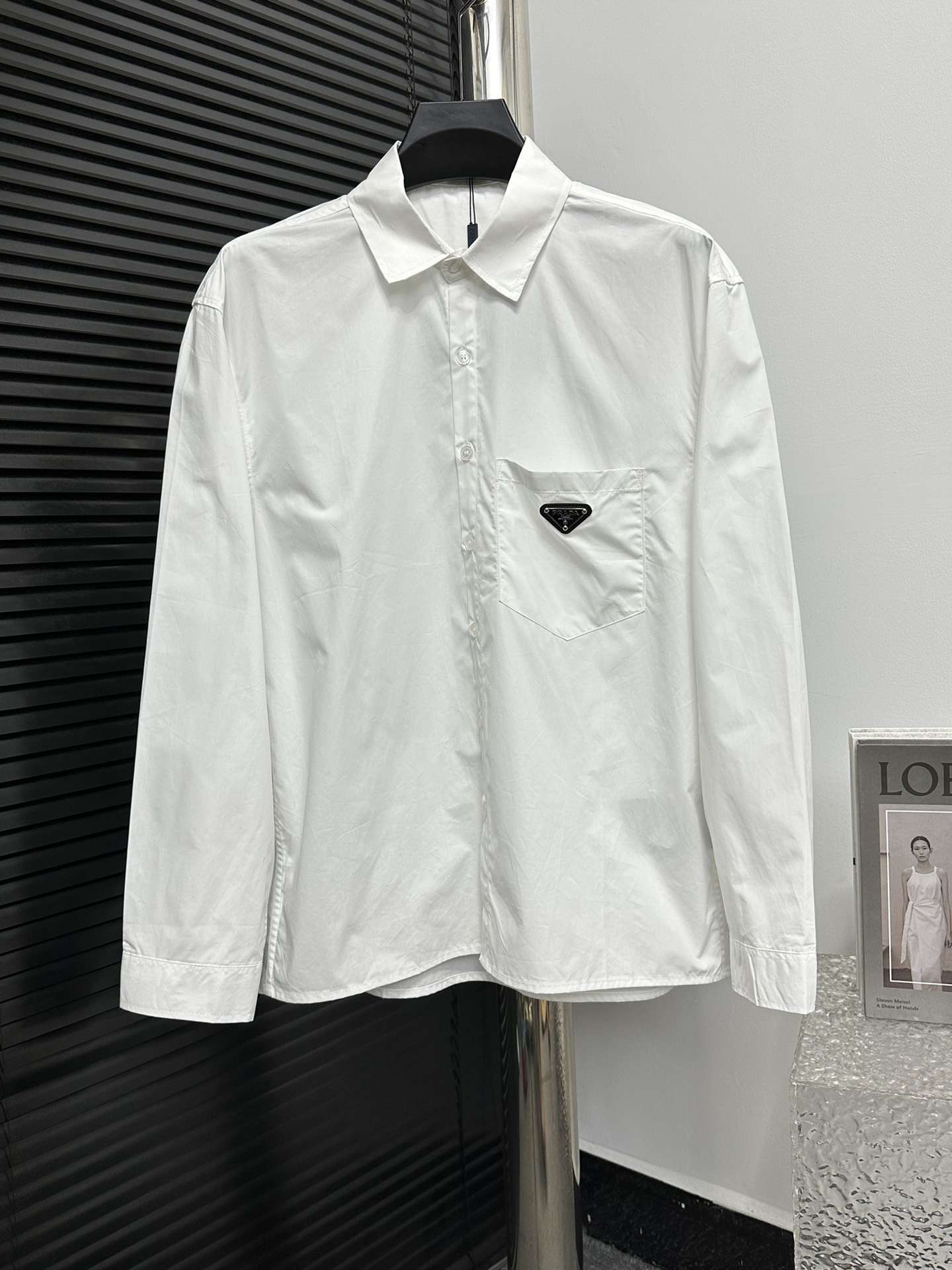 Prada 24ss Silk Triangle Pocket Shirt: High-Quality, Customized, Unisex, Black/White, S-XL