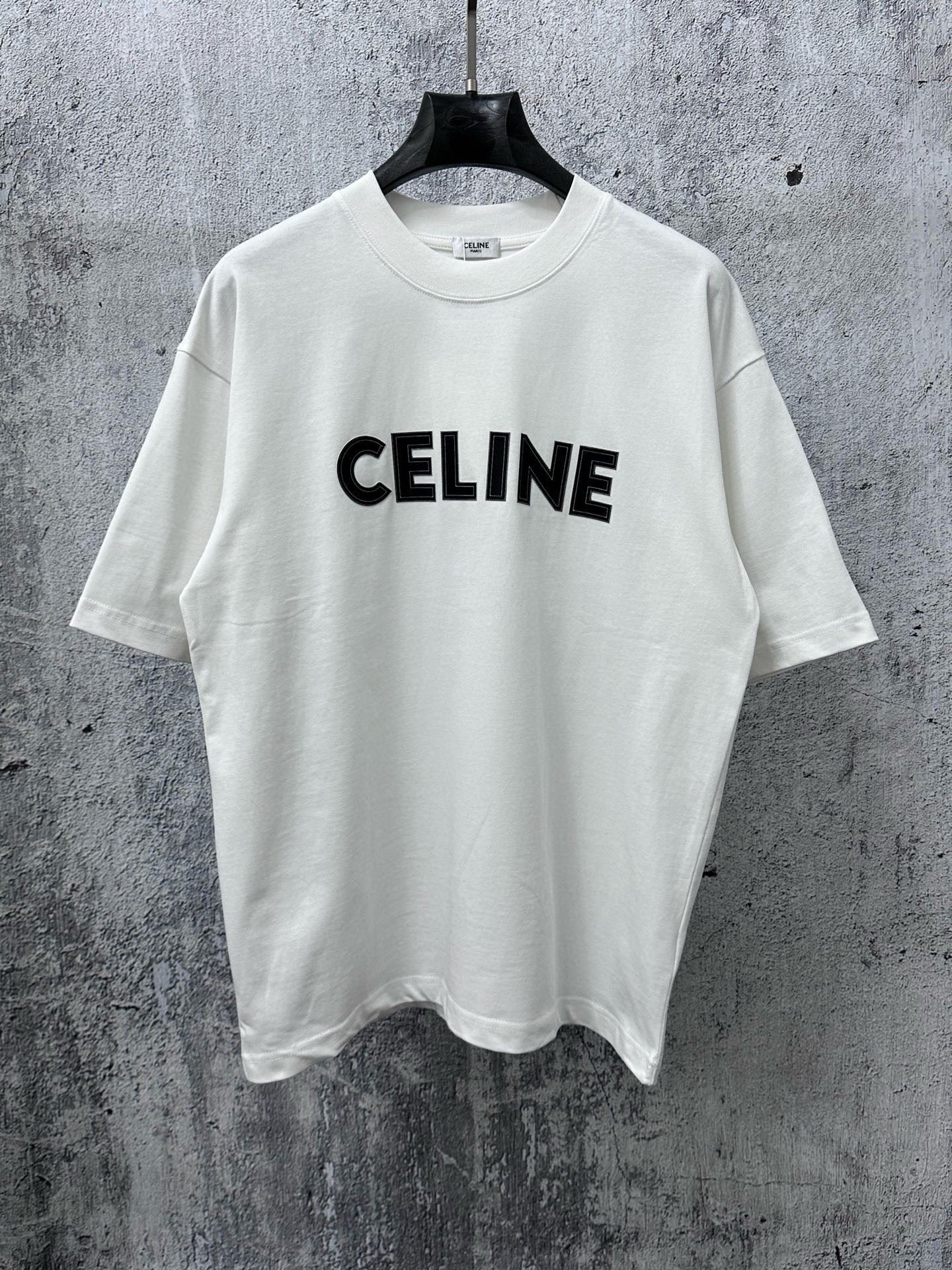 P85 【CELINE】Celine letter logo dashed foam couple short sleeve T-shirt uses high-cost 280g double-stranded double yarn …