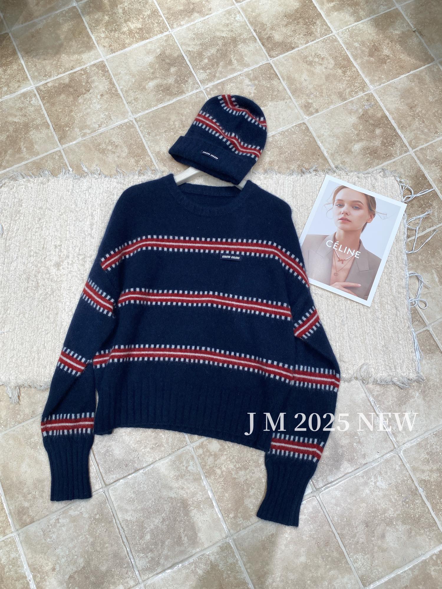 Women's Striped Knit Sweater and Beanie Set - Blue and Red - Fall/Winter 2 i1760334402 4028 2