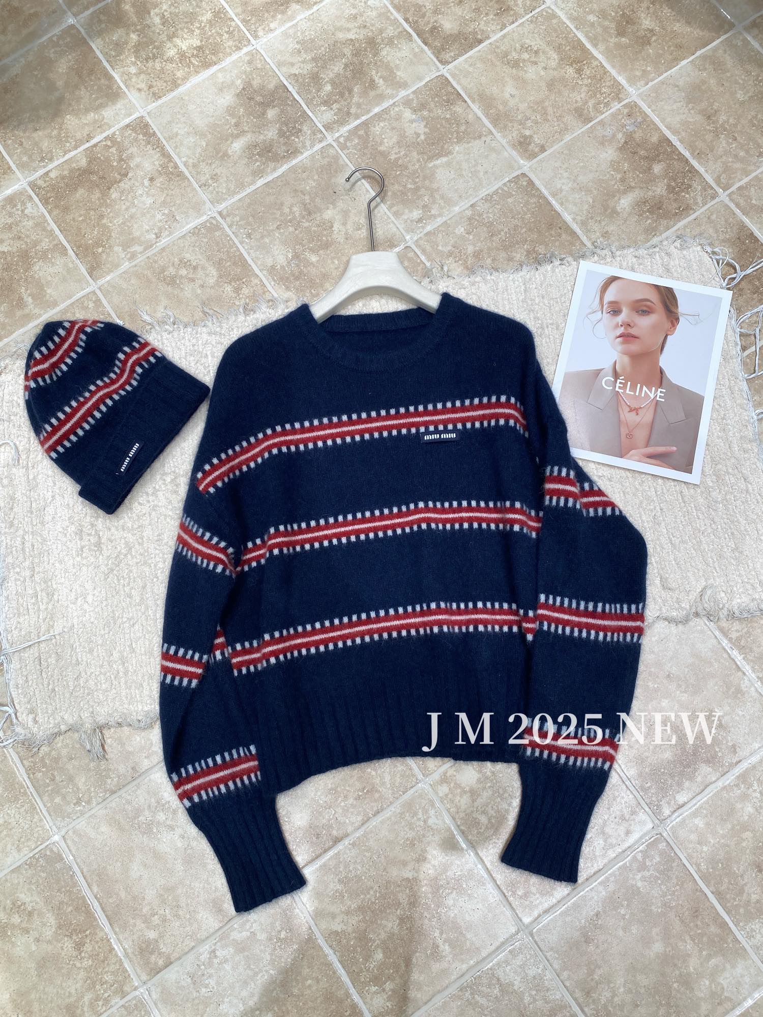 Women's Striped Knit Sweater and Beanie Set - Blue and Red - Fall/Winter 4 i1760334402 618 3