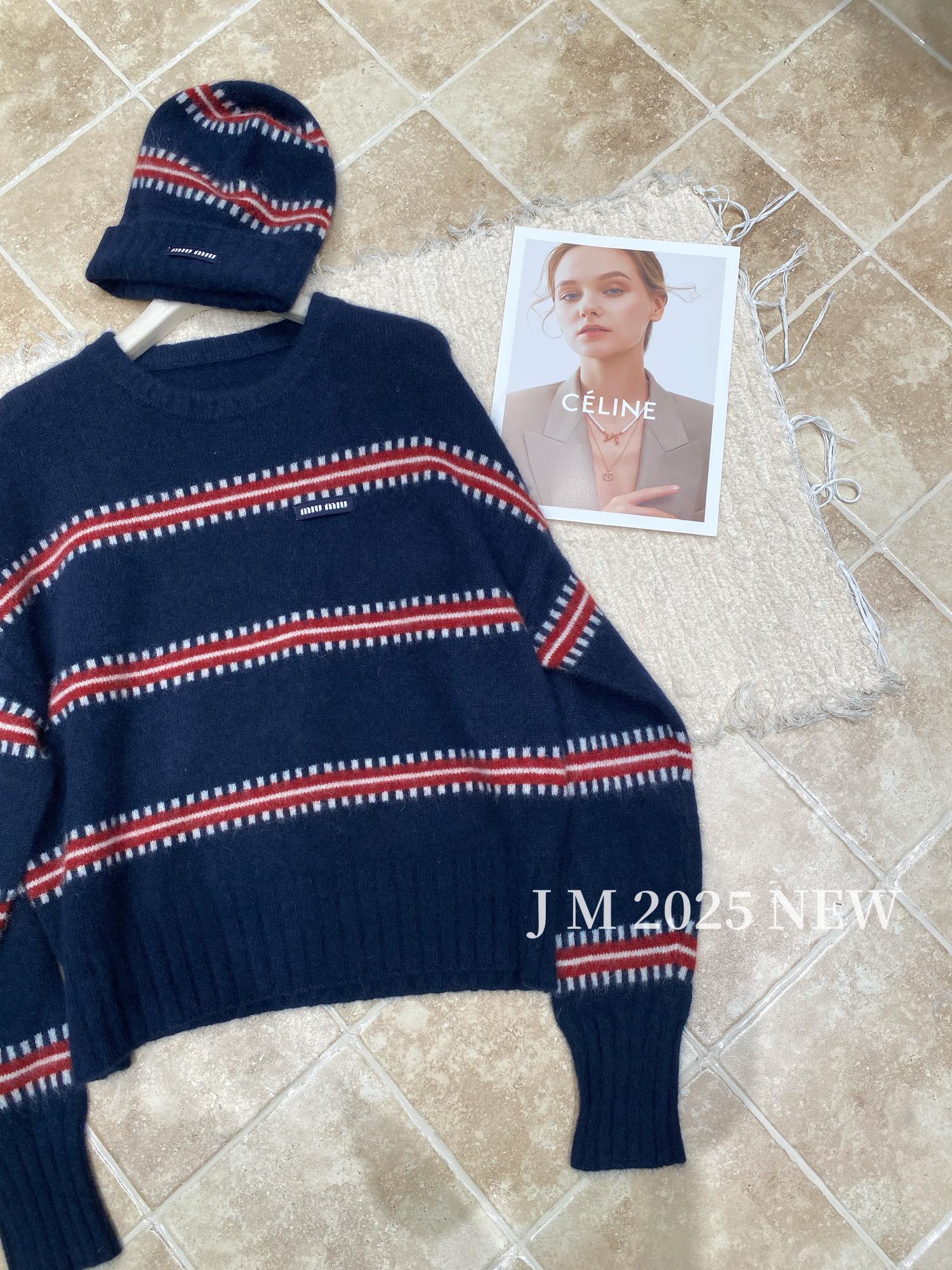 Women's Striped Knit Sweater and Beanie Set - Blue and Red - Fall/Winter 3 i1760334402 8614 0