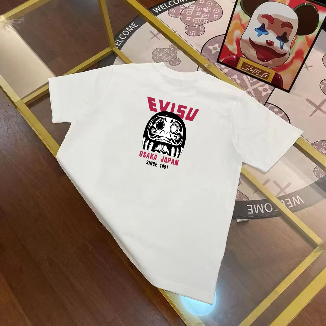 Camiseta de manga corta estampada unisex EVISU Fukujin primavera 2025 nueva con Dharma y letras, tallas S-XXL