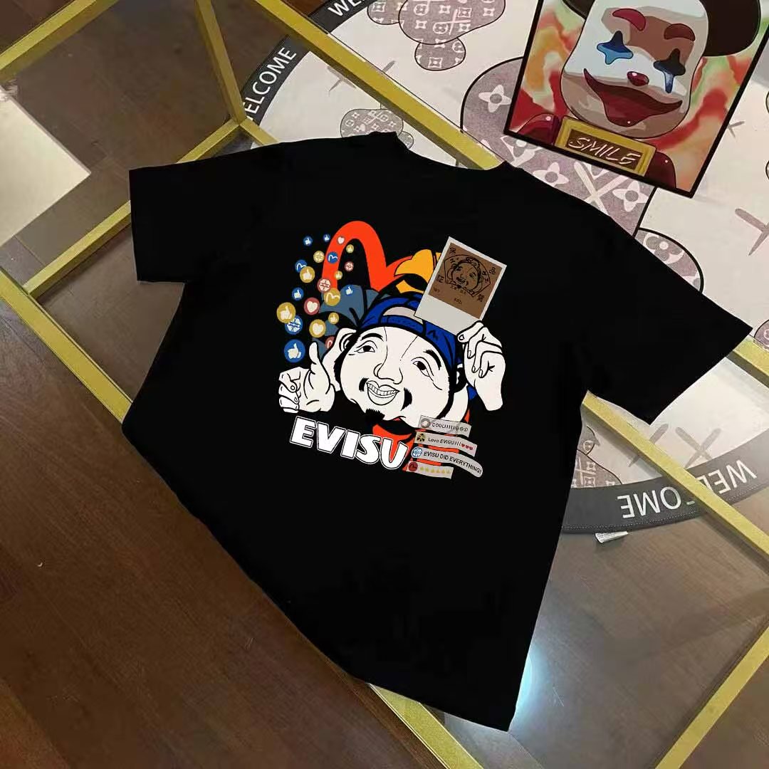Camiseta de manga corta estampada de hombre EVISU Fukujin primavera 2025 nueva con múltiples elementos de cab…