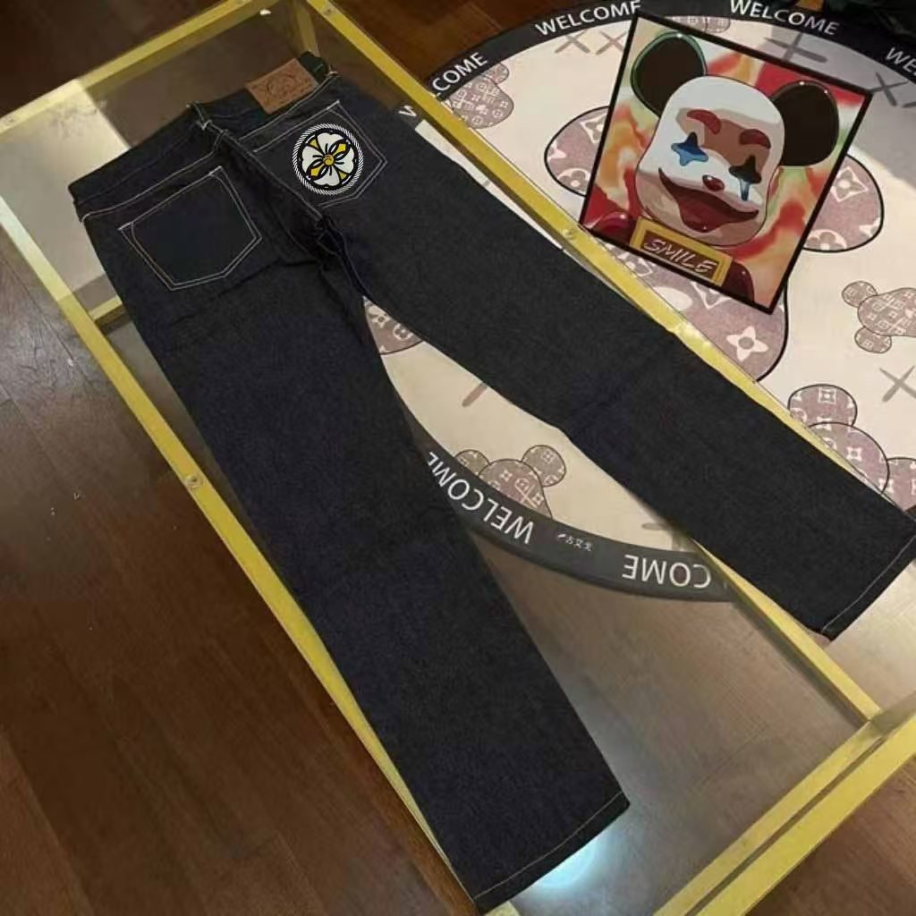 Pantalones casuales vaqueros evisu Fukujin 2024 nuevos, estampado de flor de casa, rectos y versátiles, tallas 30.31.32…