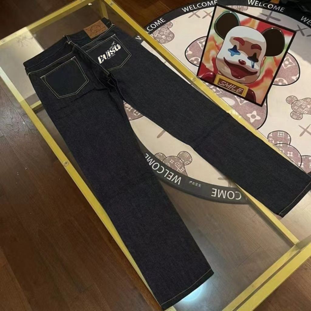 Pantalones casuales vaqueros evisu Fukujin 2024 nuevos, estampado de múltiples elementos y letras, rectos y versátiles,…