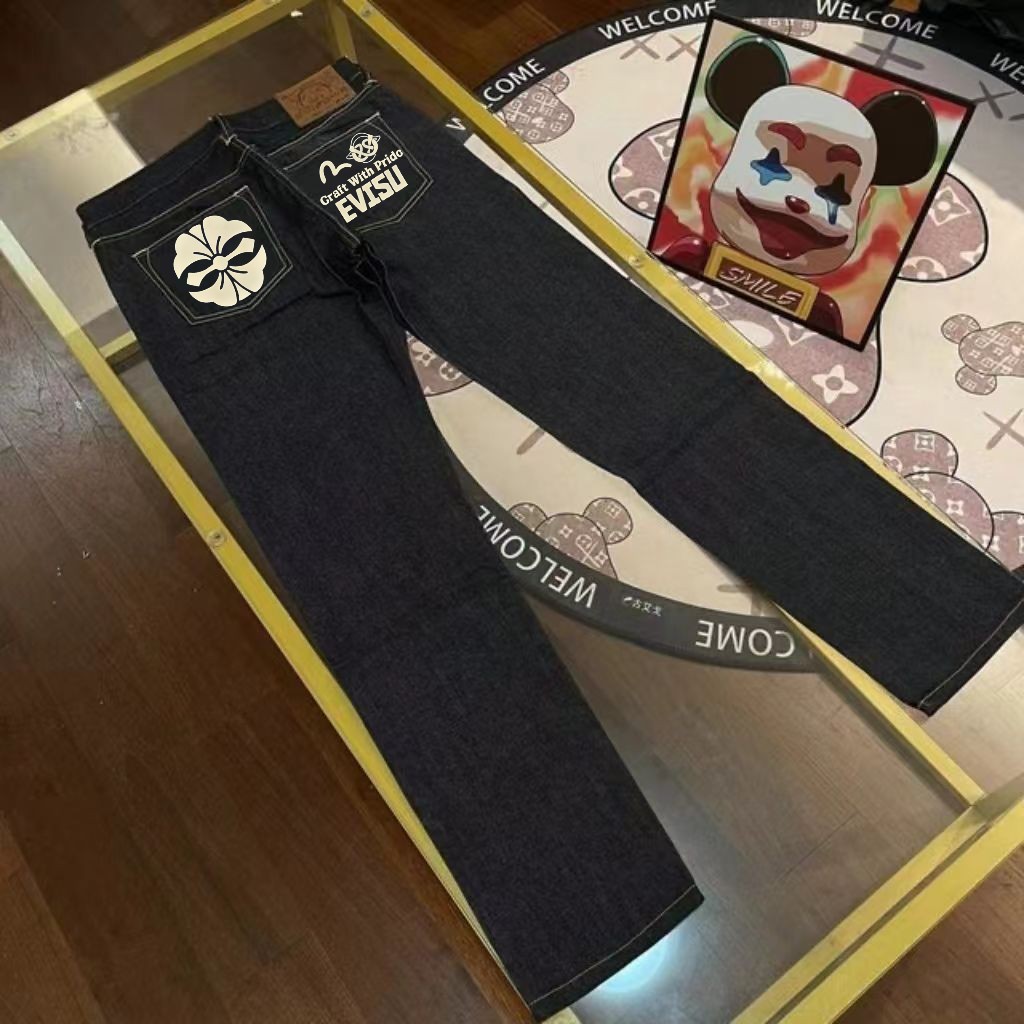 Pantalones casuales vaqueros evisu Fukujin 2024 nuevos, estampado de múltiples elementos y letras de flor de casa y peq…