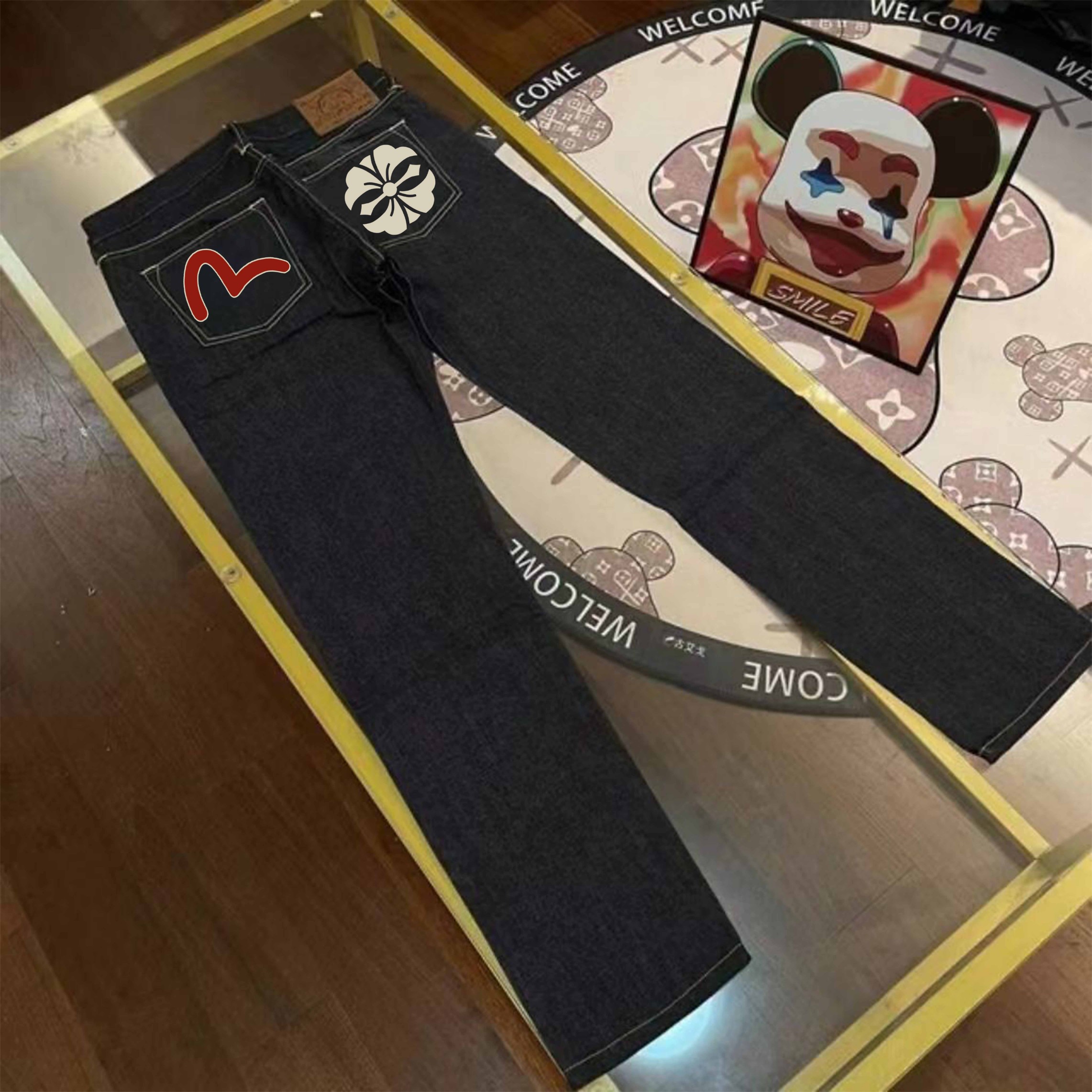 Pantalones casuales vaqueros evisu Fukujin 2024 nuevos, estampado de flor de casa de pequeña gaviota, rectos y versátil…