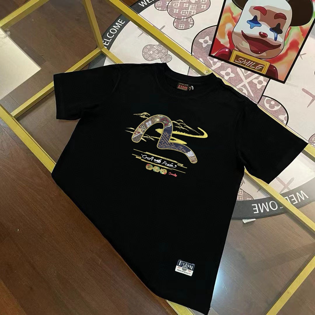 EVISU 2025 nueva colección de verano, camiseta de cuello redondo de manga corta para hombre con bordado de gaviota en b…