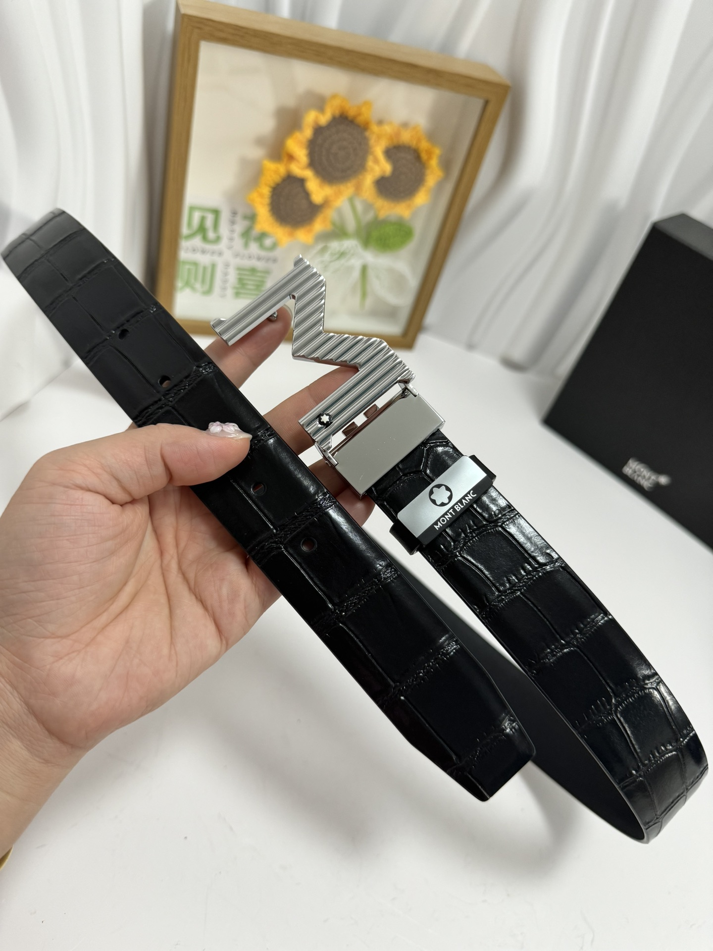 Montblanc Men's Black Leather Belt with Unique Buckle, 3.5cm Width 3 i1728232216 3409 3
