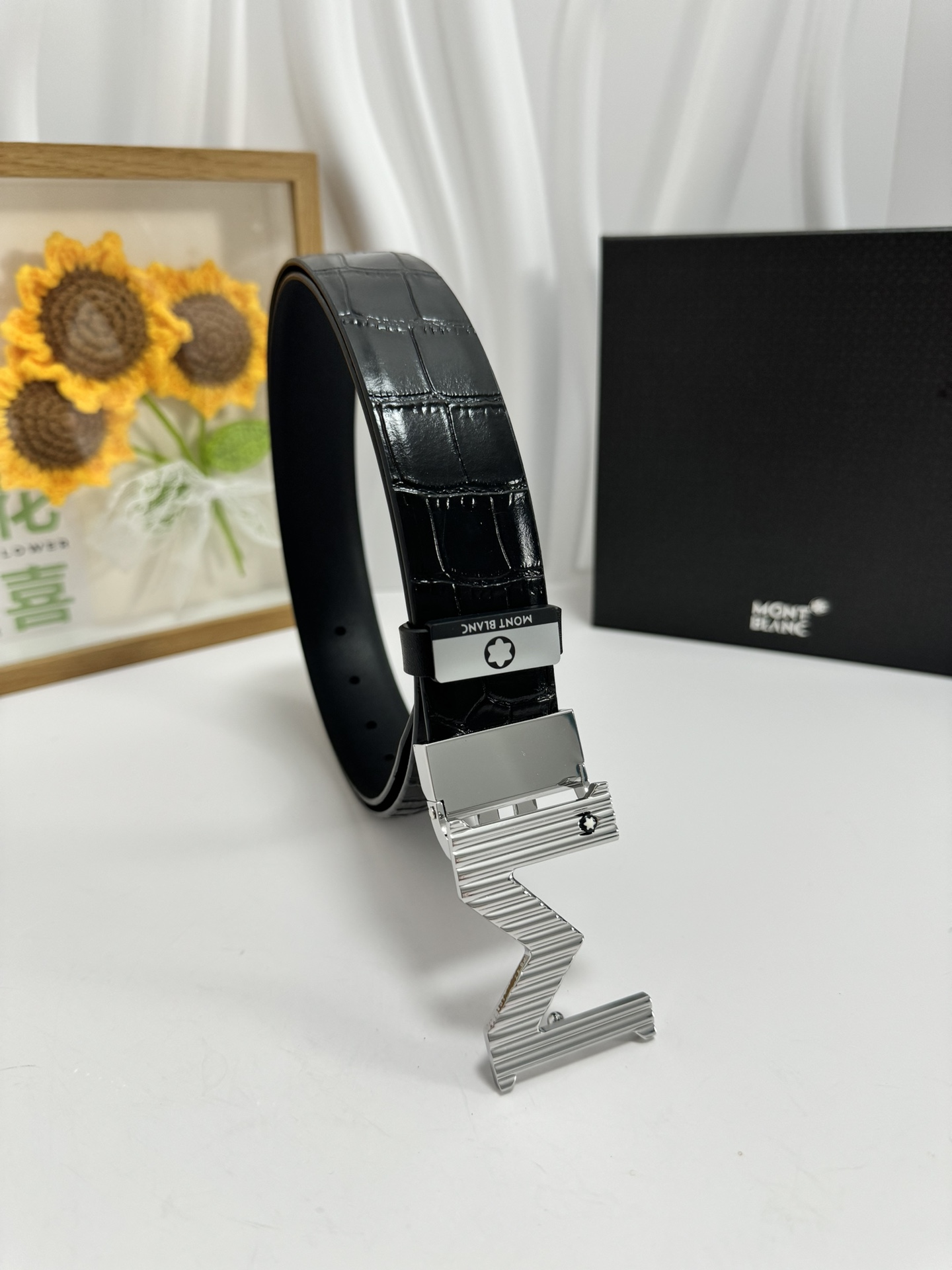 Montblanc Men's Black Leather Belt with Unique Buckle, 3.5cm Width 2 i1728232216 5185 4
