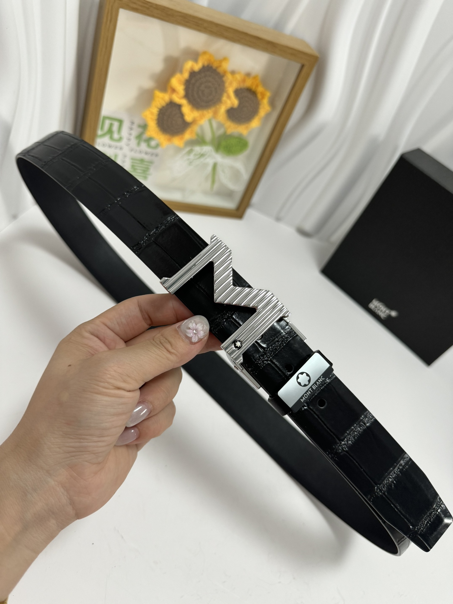 Montblanc Men's Black Leather Belt with Unique Buckle, 3.5cm Width 4 i1728232216 5598 7