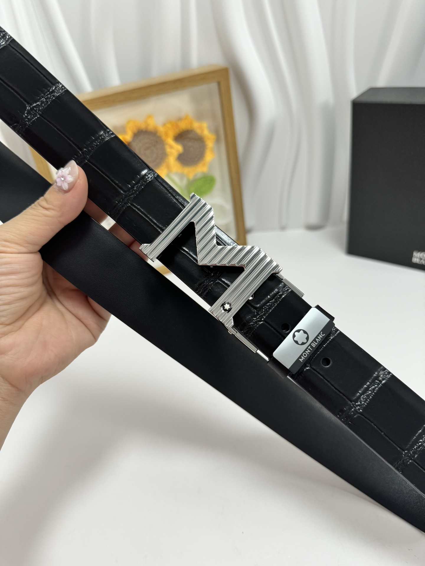 Montblanc Men's Black Leather Belt with Unique Buckle, 3.5cm Width 5 i1728232216 6799 6
