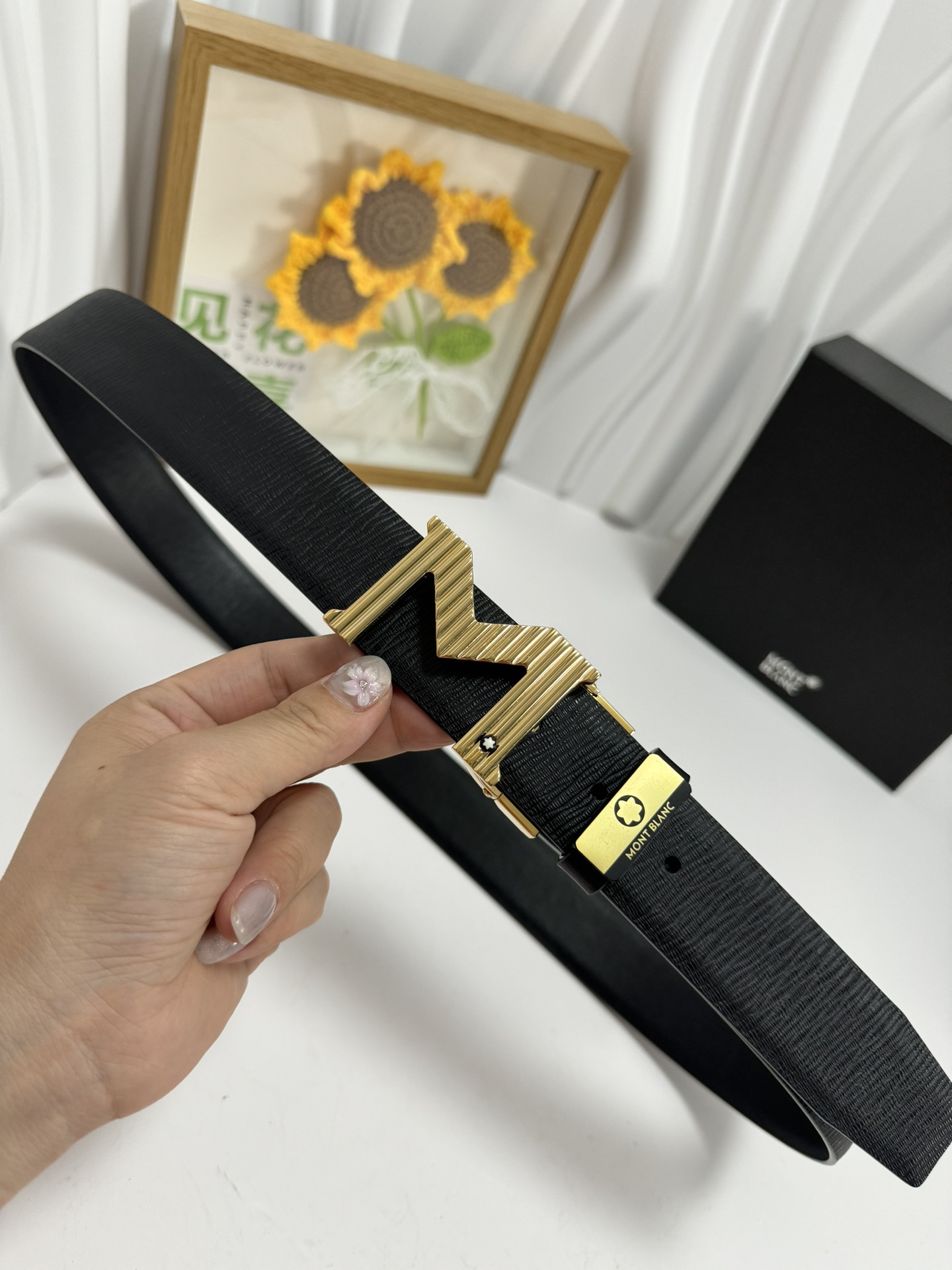 Montblanc Men's Leather Belt with Gold Buckle, 3.5cm Width - Premium Quality 4 i1728232226 241 2