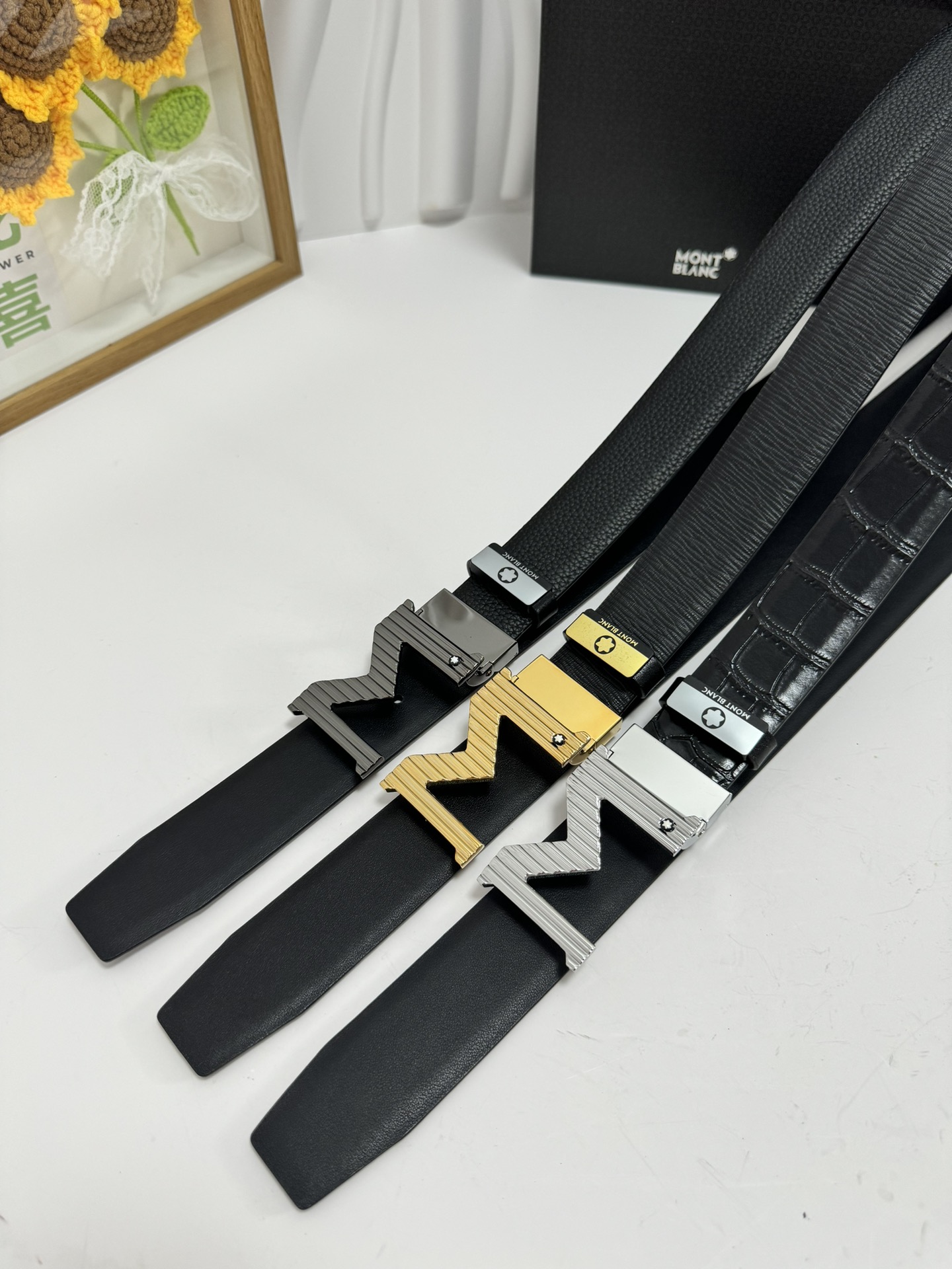 Montblanc Men's Leather Belt with Gold Buckle, 3.5cm Width - Premium Quality 8 i1728232226 7007 7