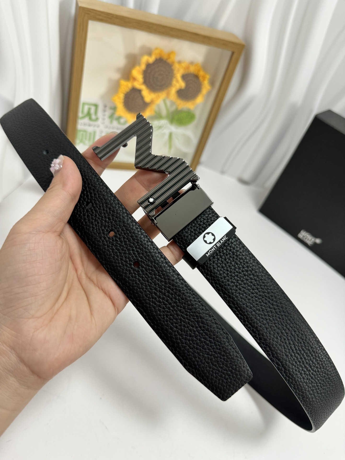Montblanc Men's Black Leather Belt with Unique Buckle, Size 3.5 cm 3 i1728232240 4205 1