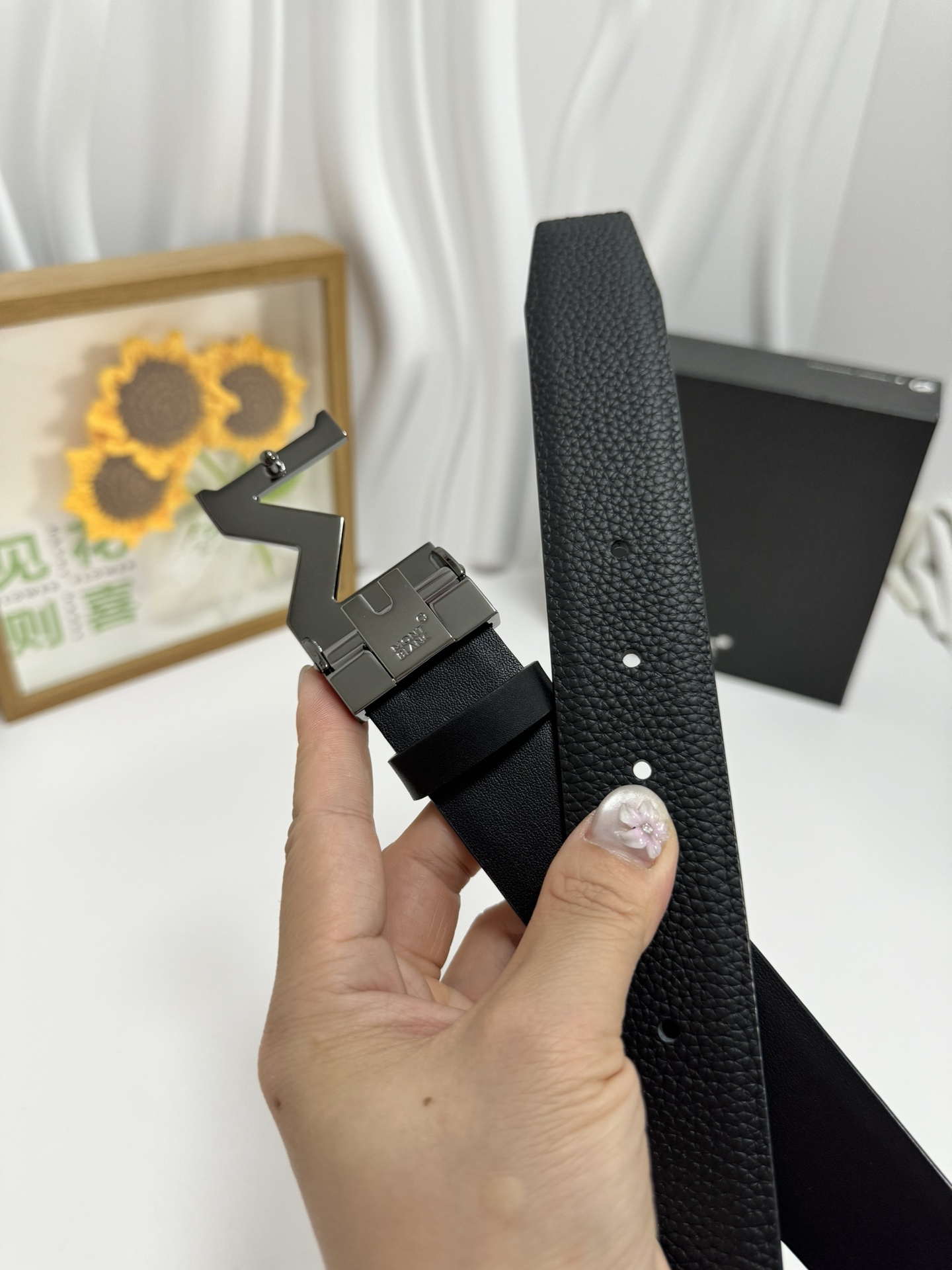 Montblanc Men's Black Leather Belt with Unique Buckle, Size 3.5 cm 7 i1728232240 747 5