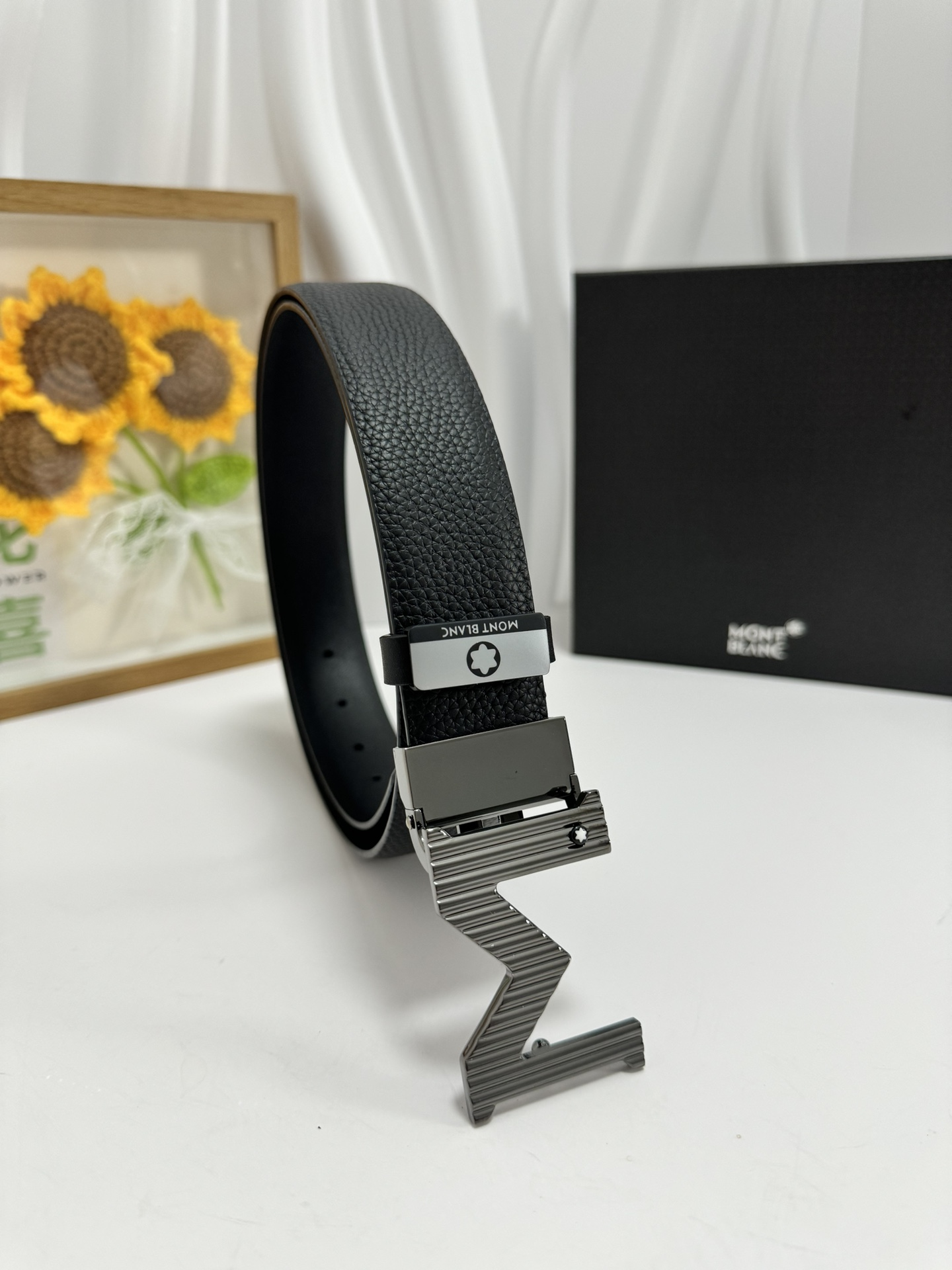 Montblanc Men's Black Leather Belt with Unique Buckle, Size 3.5 cm 2 i1728232240 7846 4
