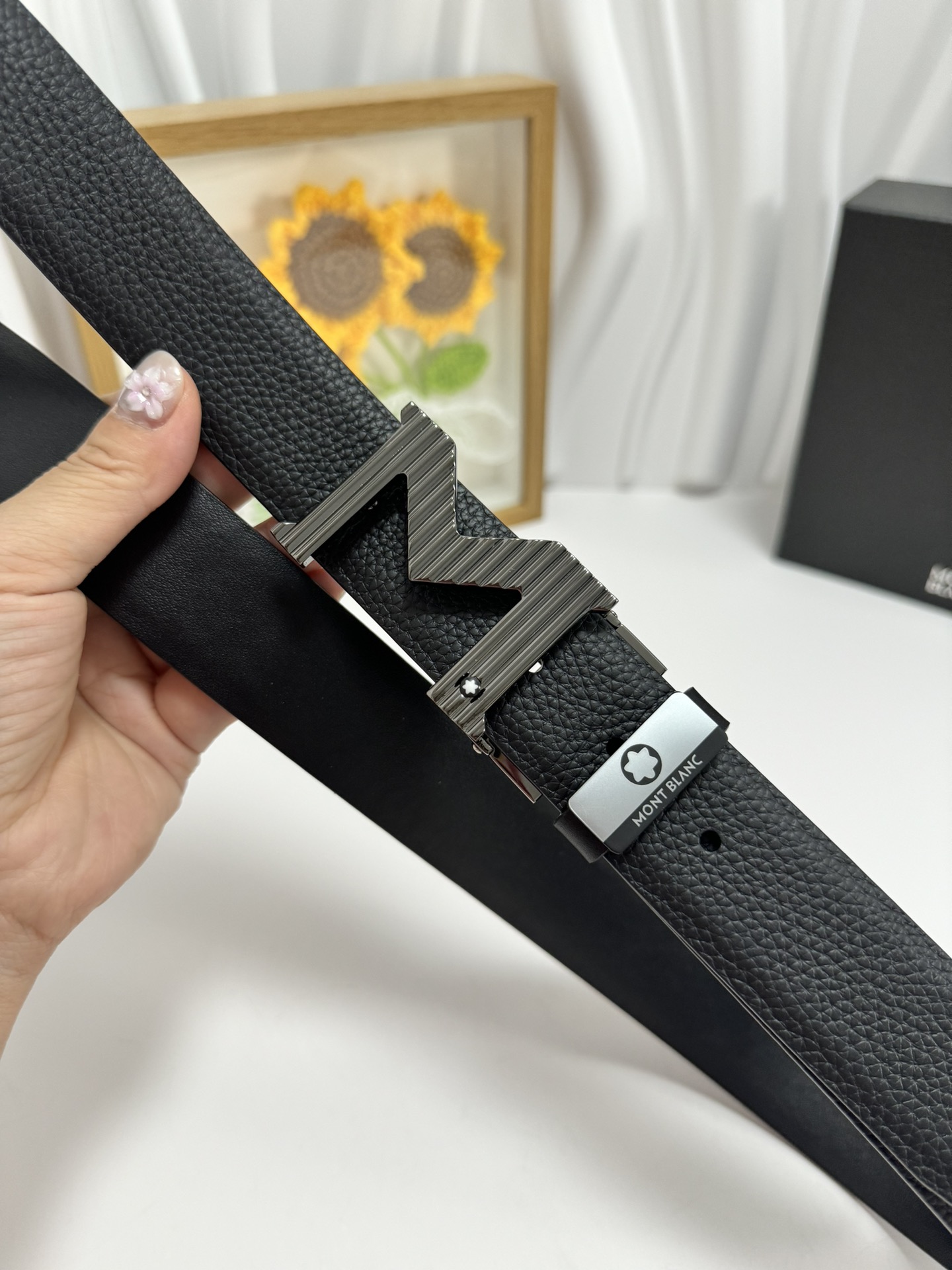 Montblanc Men's Black Leather Belt with Unique Buckle, Size 3.5 cm 5 i1728232240 8195 7