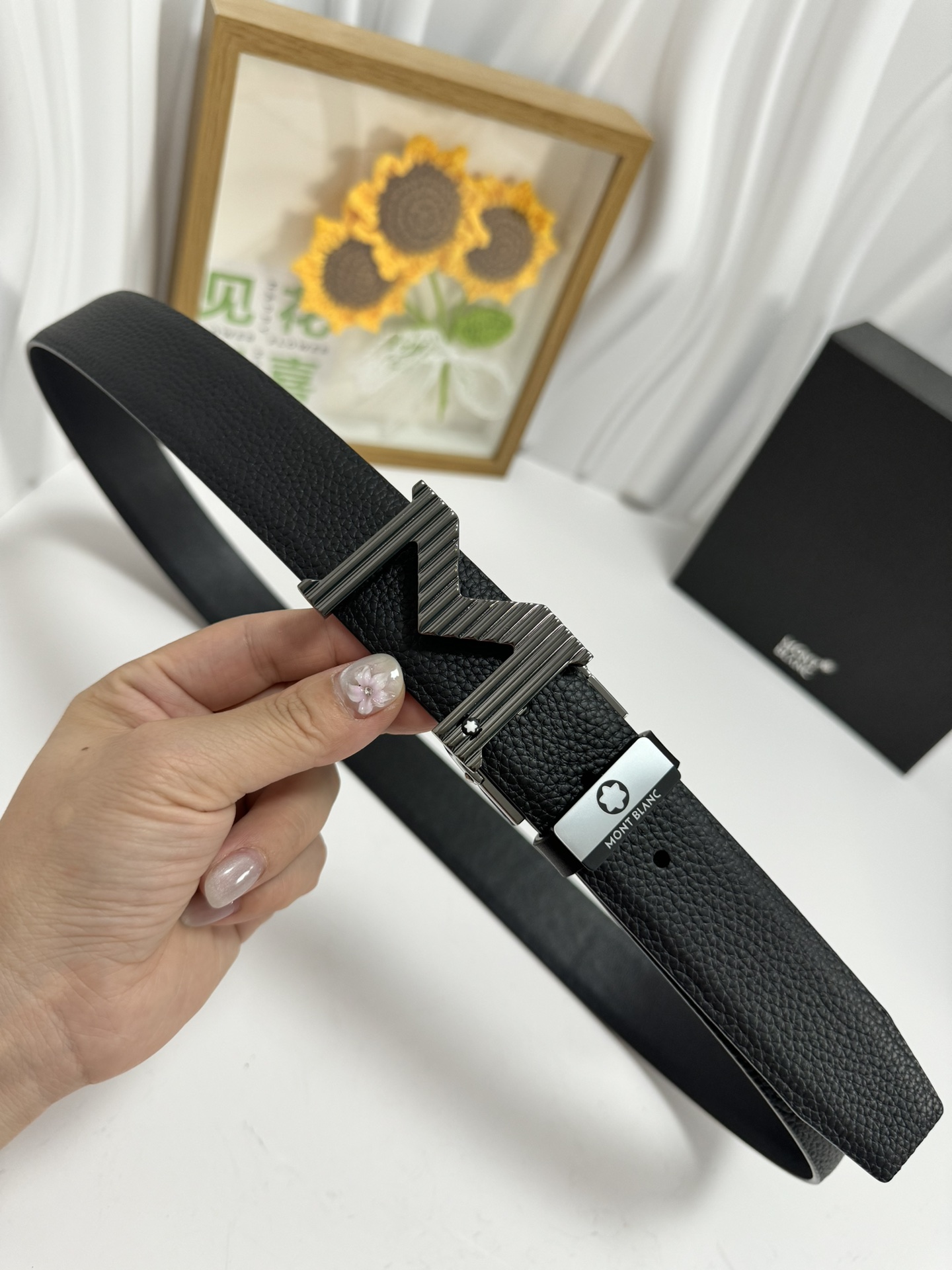 Montblanc Men's Black Leather Belt with Unique Buckle, Size 3.5 cm 4 i1728232240 8684 6