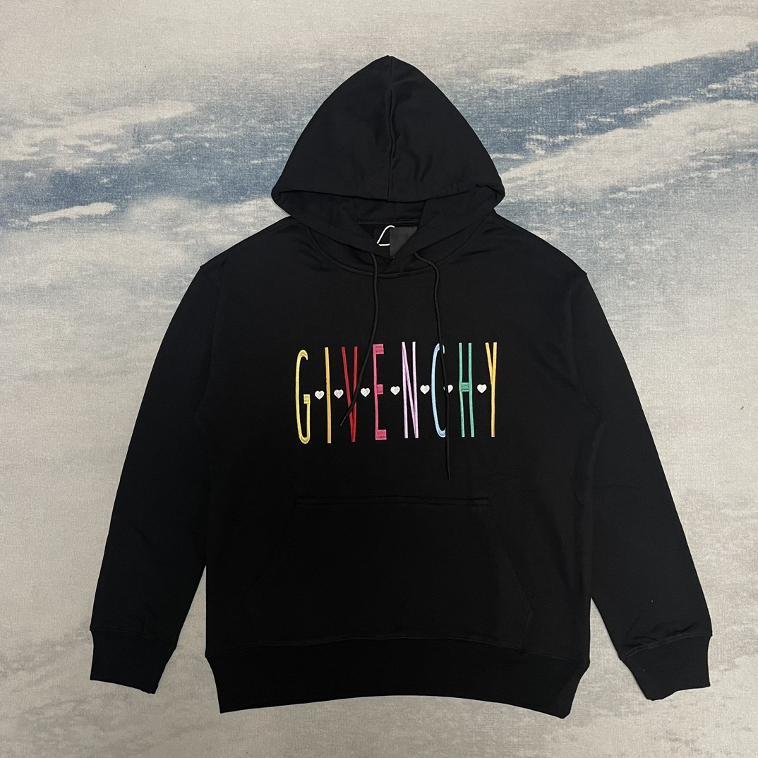 Givenchy Clothing Hoodies Black Embroidery Cotton Hooded Top