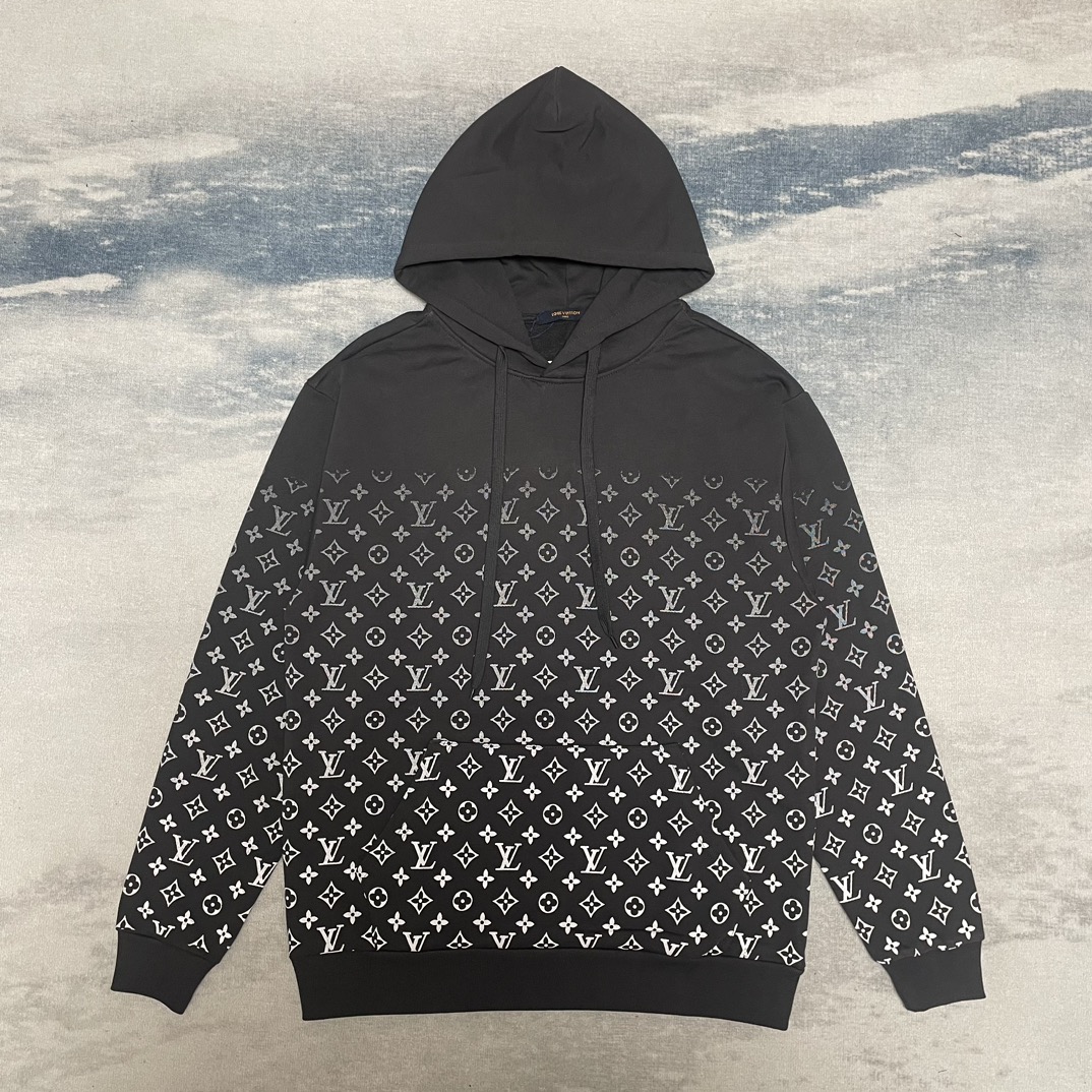 Louis Vuitton Clothing Hoodies Black Grey Printing Cotton Fabric Hooded Top