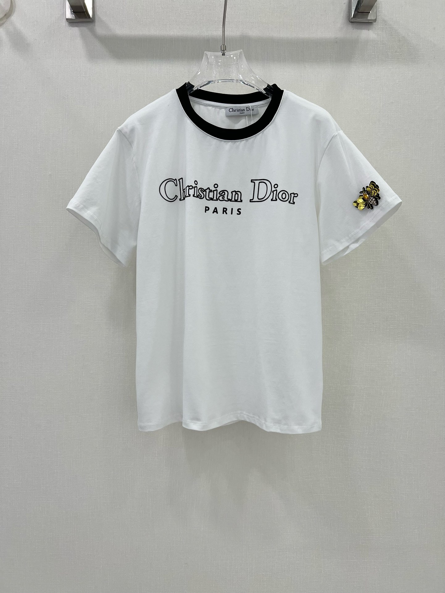 Dior Clothing T-Shirt Black White Embroidery Spring/Summer Collection Fashion Short Sleeve