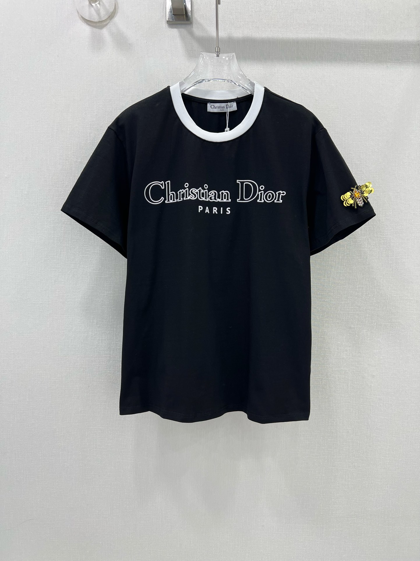 Dior Clothing T-Shirt Black White Embroidery Spring/Summer Collection Fashion Short Sleeve