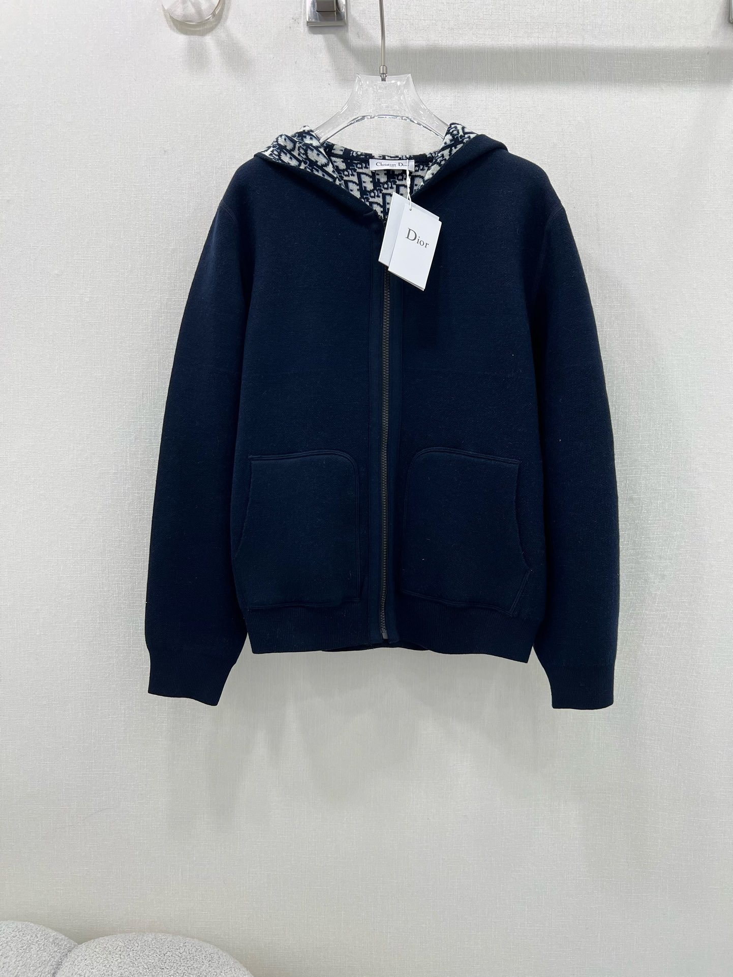 Dior Clothing Coats & Jackets Blue Navy White Embroidery Cashmere Knitting Fall Collection Hooded Top