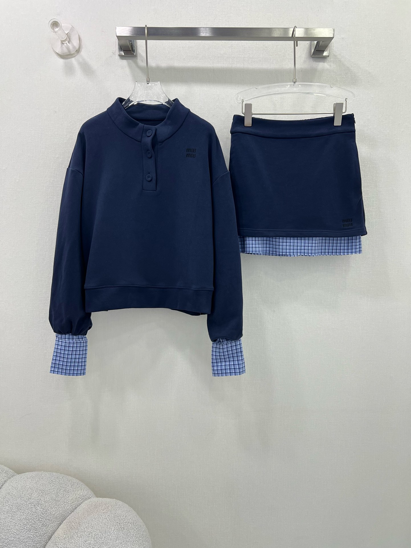 MiuMiu Clothing Two Piece Outfits & Matching Sets Cheap Wholesale
 Blue Grid Splicing Fall/Winter Collection Sweatpants